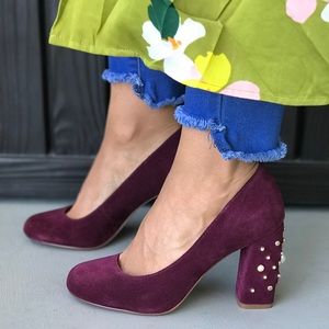 Pearl Drop Embellished Burgundy Block Heel Pumps